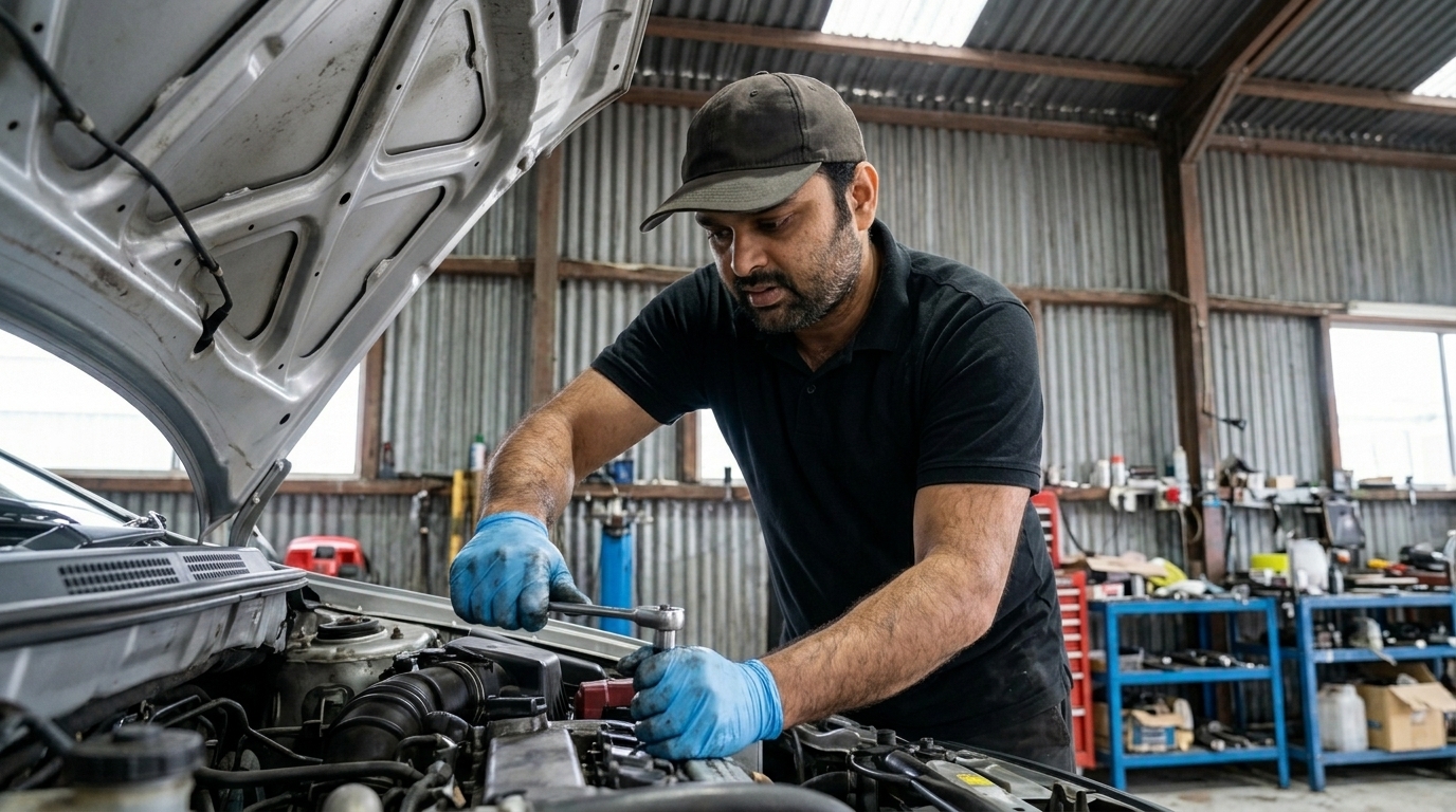 AutoDrive mechanic working on a car engine in the Salisbury Plain workshop